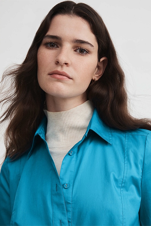 Cotton Mini Shirt Dress - Bright Blue