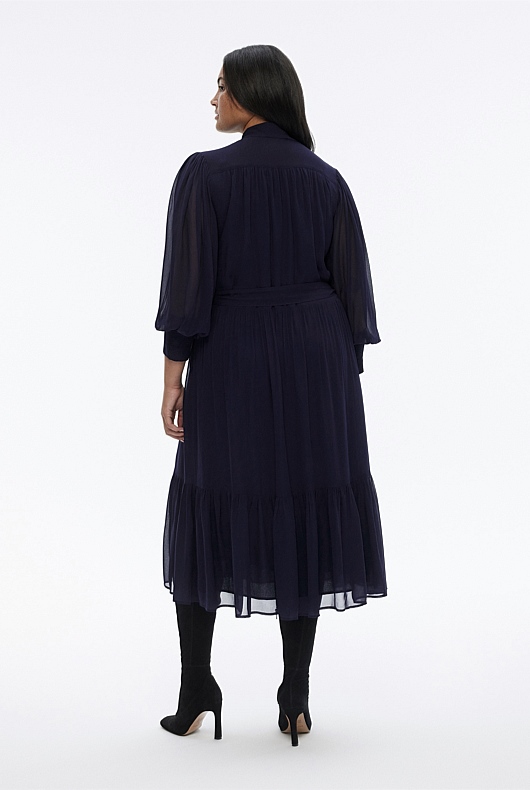Georgette High Neck Midi Dress - Blue Night