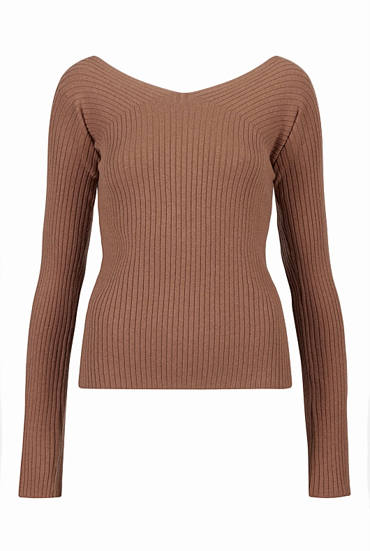 Rib Wide V Neck Knit - Camel