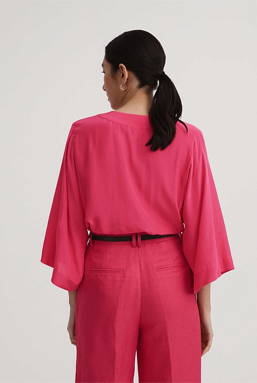 Kaftan V Neck Blouse - Hot Pink