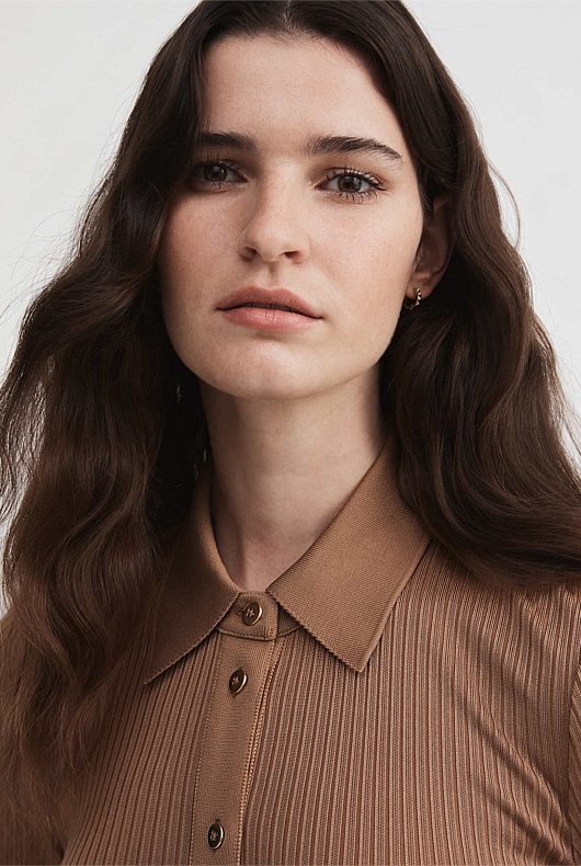 Rib Button Through Top - Camel