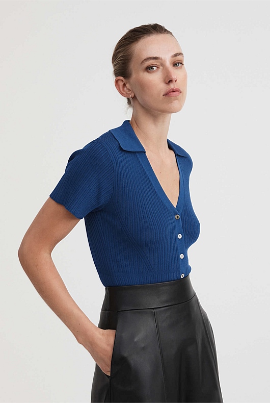 Rib Polo Short Sleeve Knit - Eclipse Blue