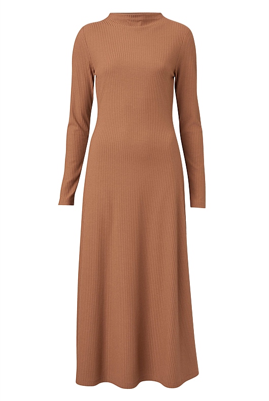 Mock Neck Rib Dress - Camel