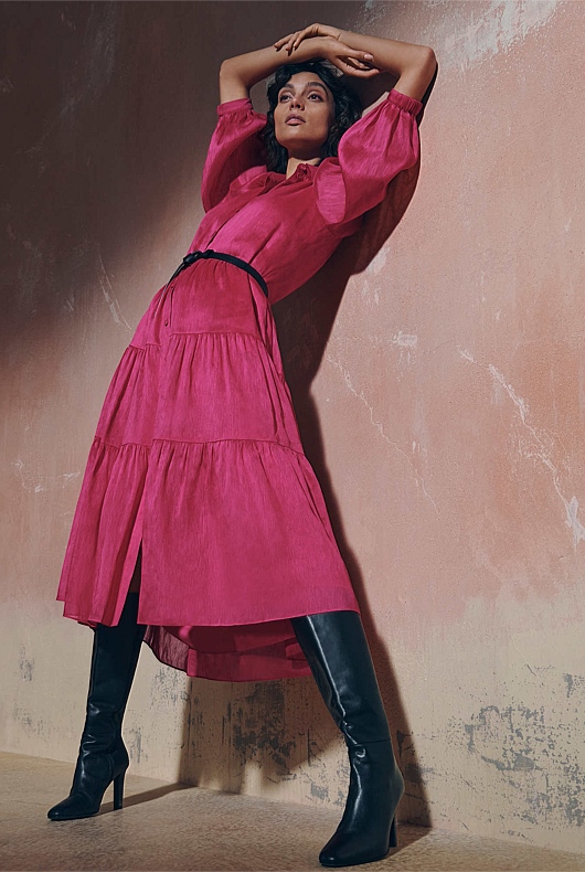 Silk Linen Midi Dress - Dahlia Pink