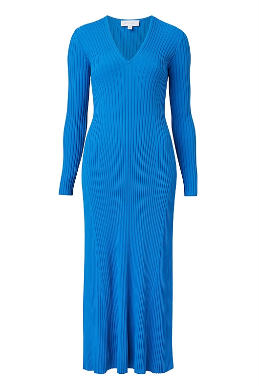 Crepe V Neck Knit Dress - Sorrento Blue