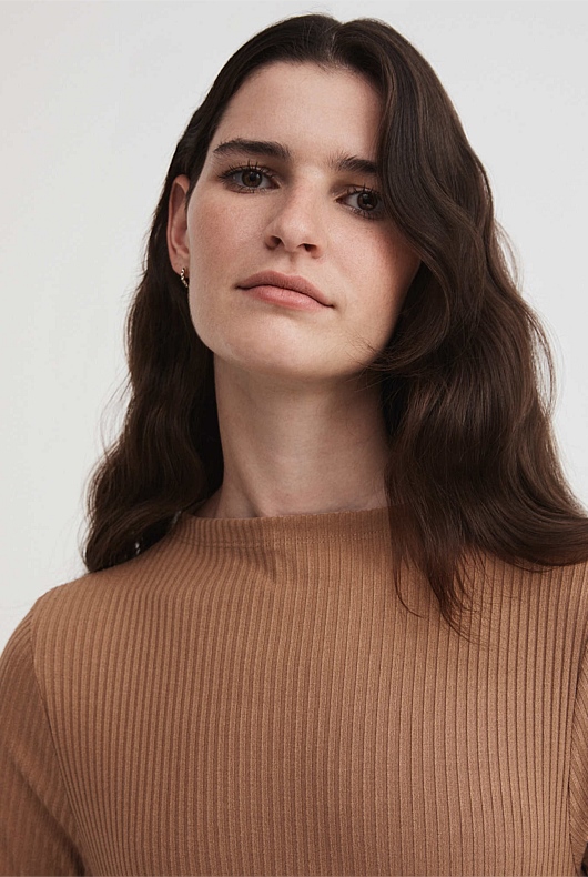 Mock Neck Rib Dress - Camel