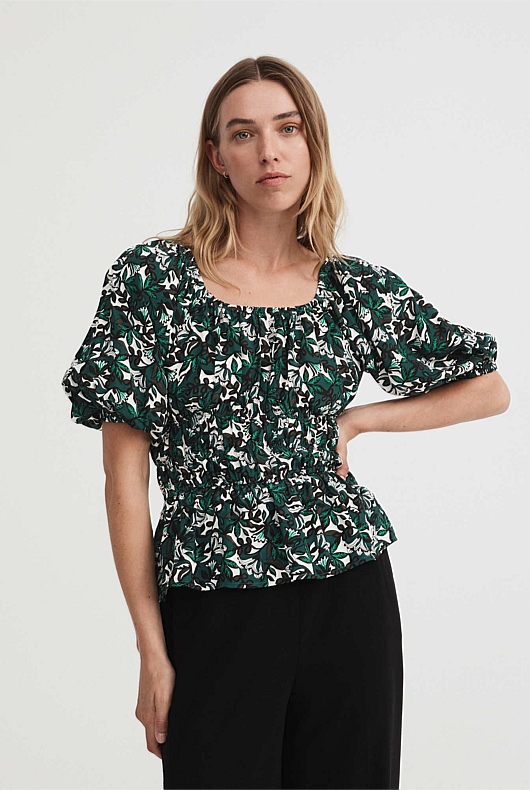 Folk Blossom Gathered Blouse - Foliage