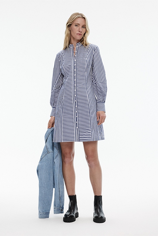 Cotton Stripe Mini Dress - Flint Blue