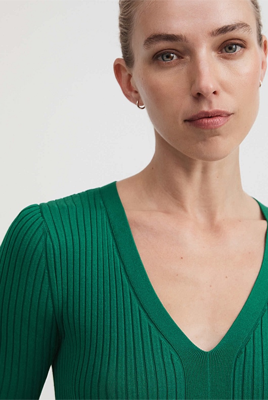 Rib V Neck Short Sleeve Knit - Aqua Green