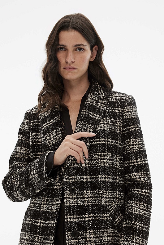 Wool Blend Yarn Dye Check Coat - Black