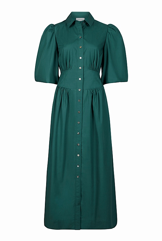 Cotton Bodice Detail Dress - Petrol Green