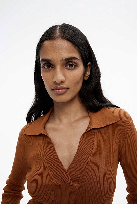 Crepe Rib Henley Knit - Faded Terracotta