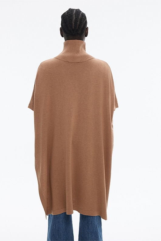 Silk Merino Longline Poncho - Camel