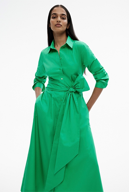 Cotton Sateen Shirt Dress - Leaf Green