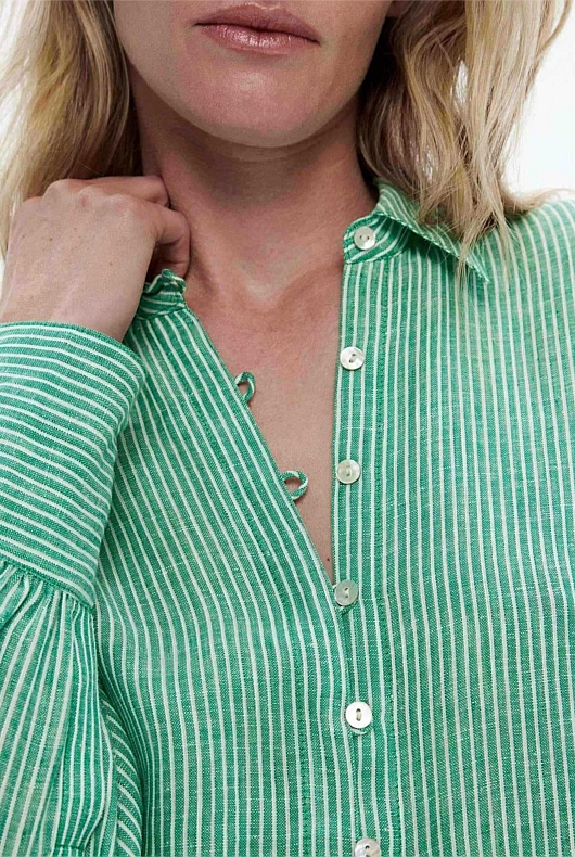 Linen Stripe Volume Sleeve Shirt - Bottle Green