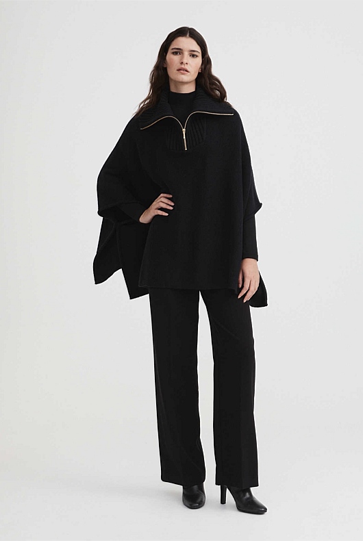 Rib Neck Poncho - Black
