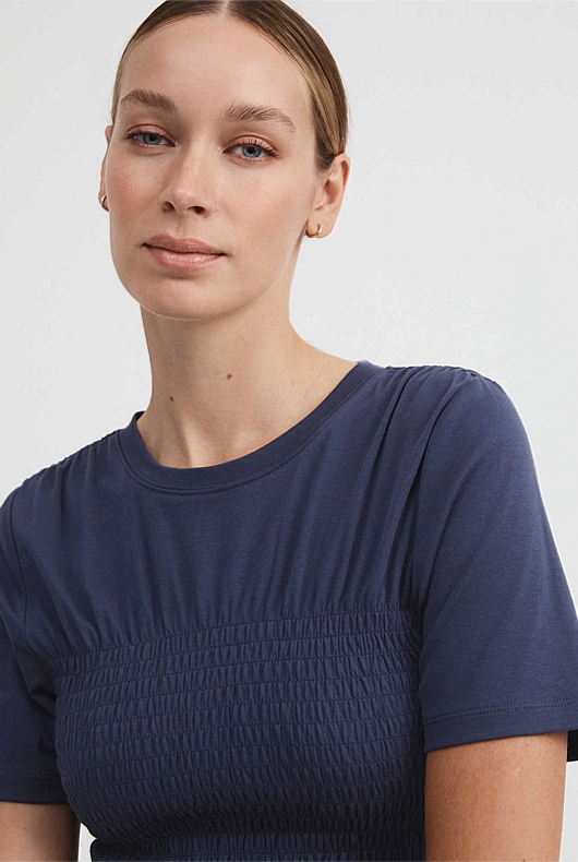 Cotton Shirred Bodice Tee - Ink Blue