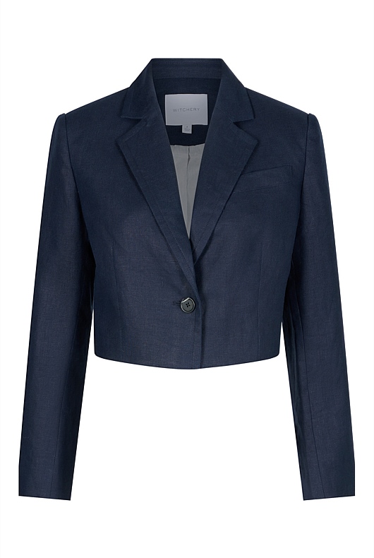 Linen Single-Breasted Cropped Blazer - Blue Night