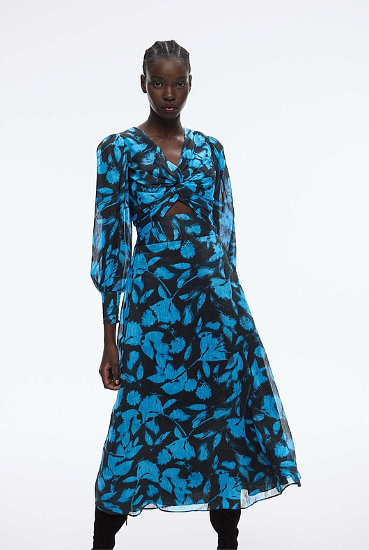 Abstract Textured Print Dress - Mallard Blue