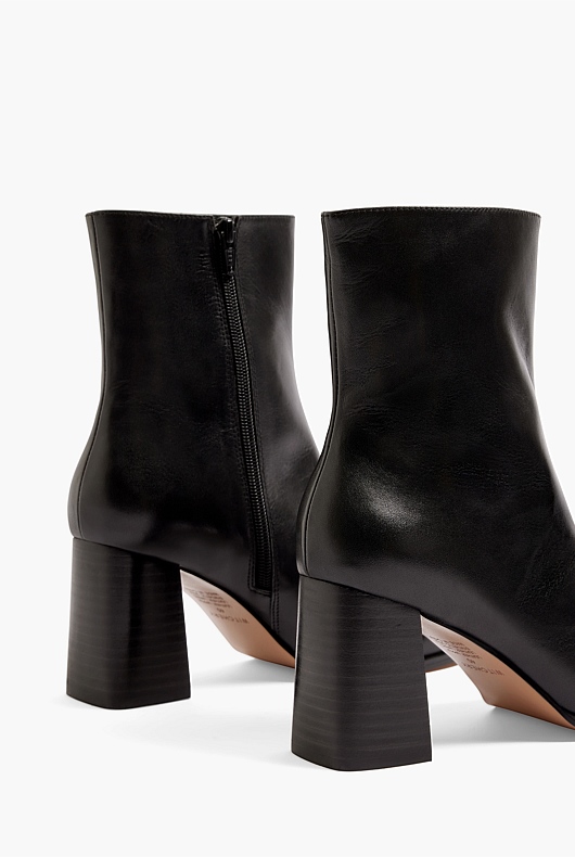 Square Toe Leather Heeled Boot - Black