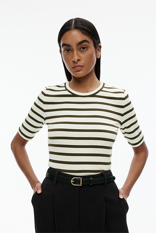 Stripe Crew Rib Tee - Vine Green