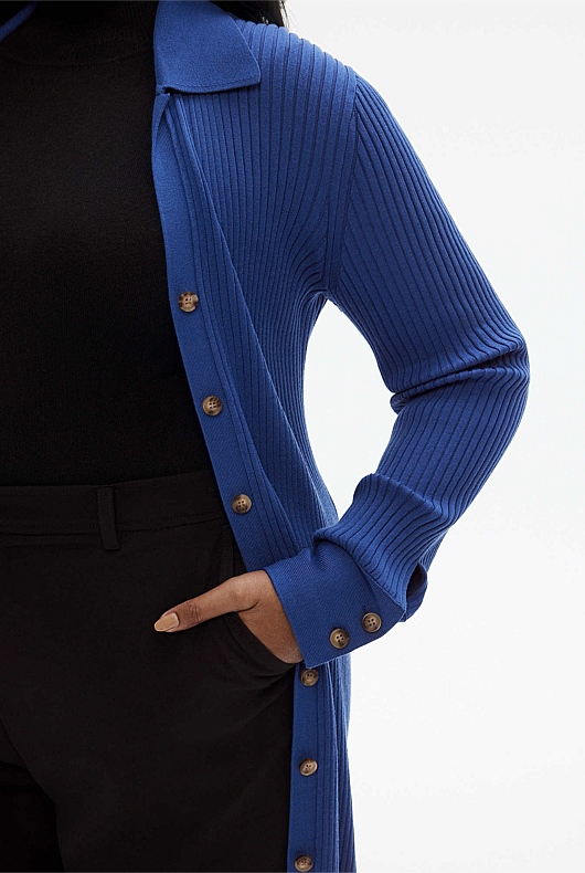 Button Through Rib Longline Cardigan - Eclipse Blue