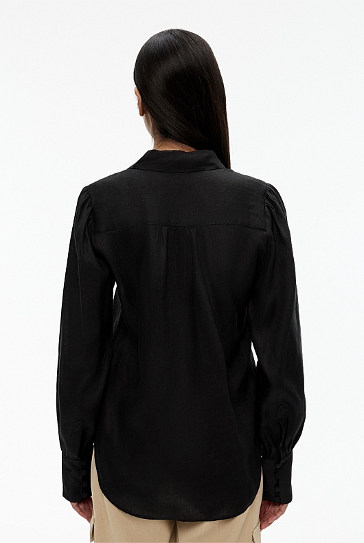 French Linen Volume Sleeve Shirt - Black