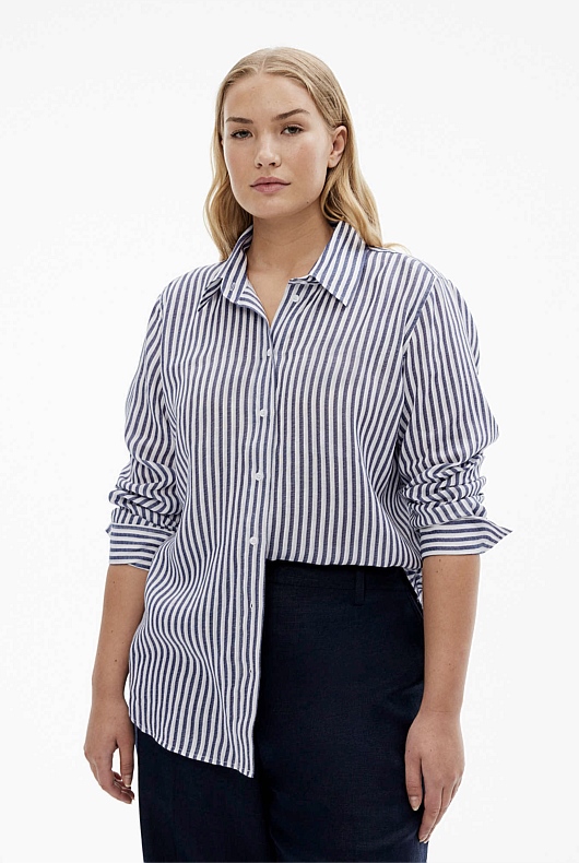 French Linen Stripe Shirt - Navy Stripe