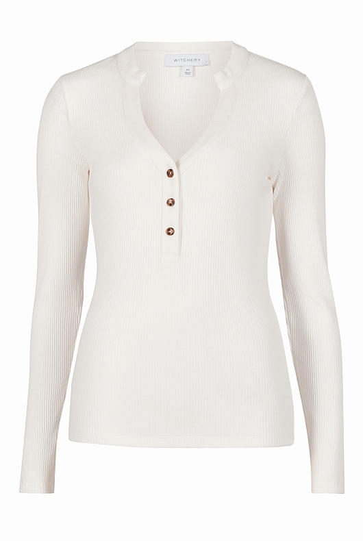 Cotton Blend Rib Henley Long Sleeve Top - Chalk