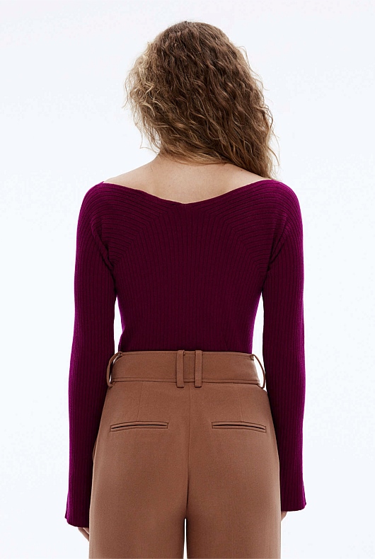 Rib Wide V Neck Knit - Deep Magenta