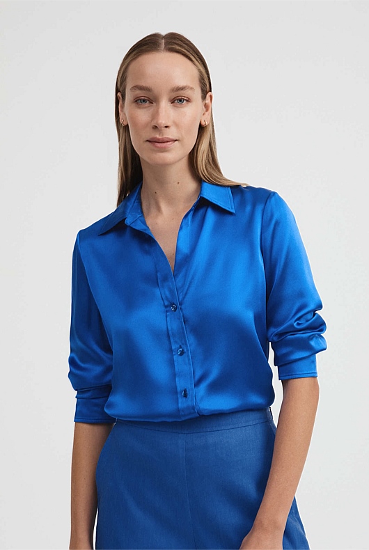 Silk Satin Shirt - Bold Blue