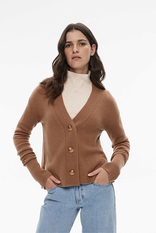 Wool Blend Knit Cardigan - Camel