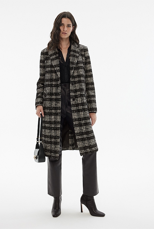 Wool Blend Yarn Dye Check Coat - Black