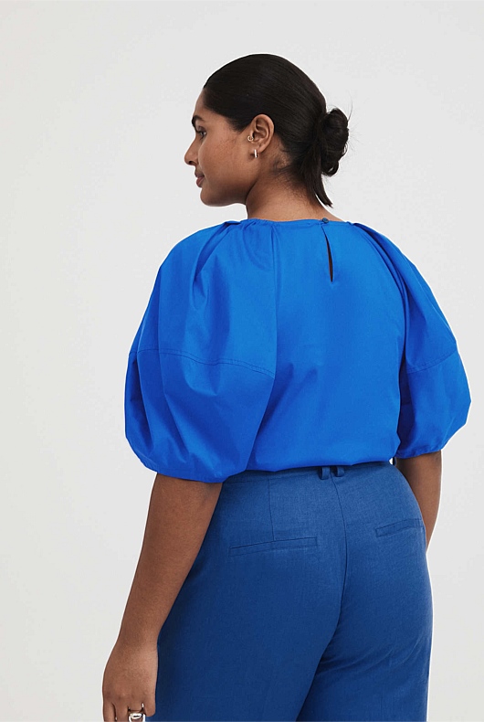 Cotton Poplin Puff Sleeve Blouse - Bold Blue