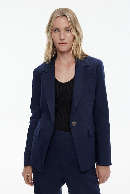 Cotton Linen Single-Breasted Blazer - Blue Night