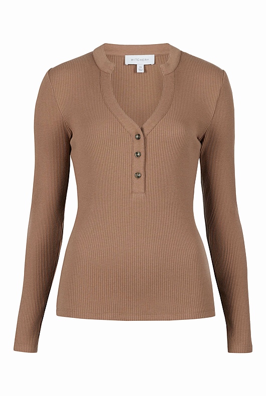 Cotton Blend Rib Henley Long Sleeve Top - Camel