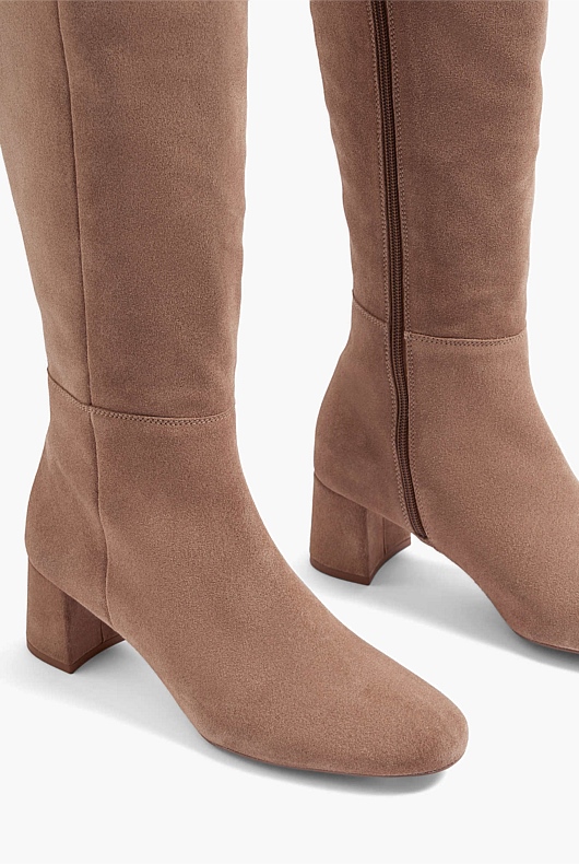 Block Heel Knee High Suede Boot - Pebble