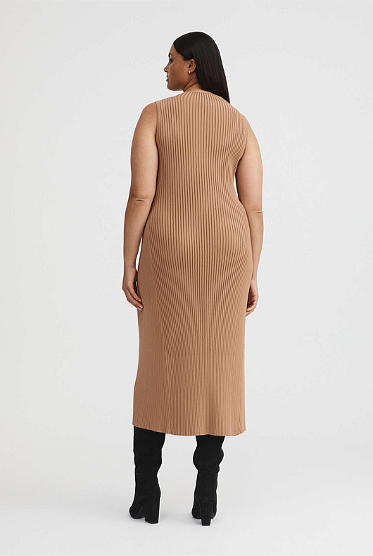 Knit Rib Mock Neck Dress - Camel