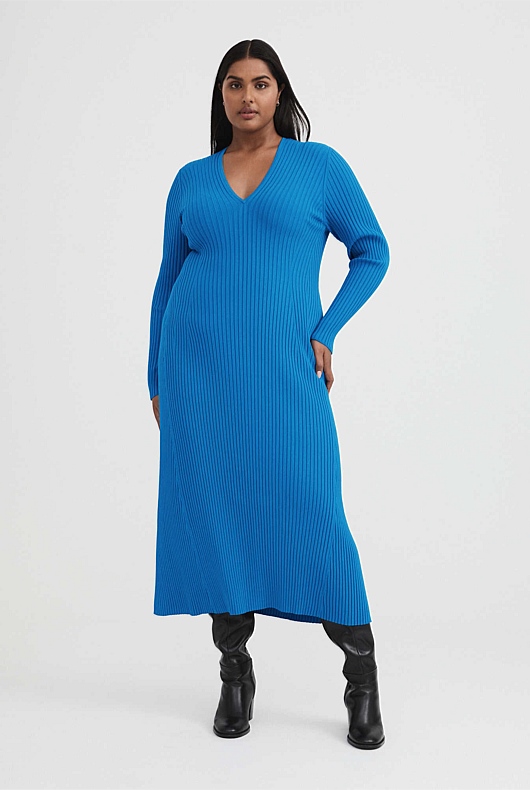 Crepe V Neck Knit Dress - Sorrento Blue