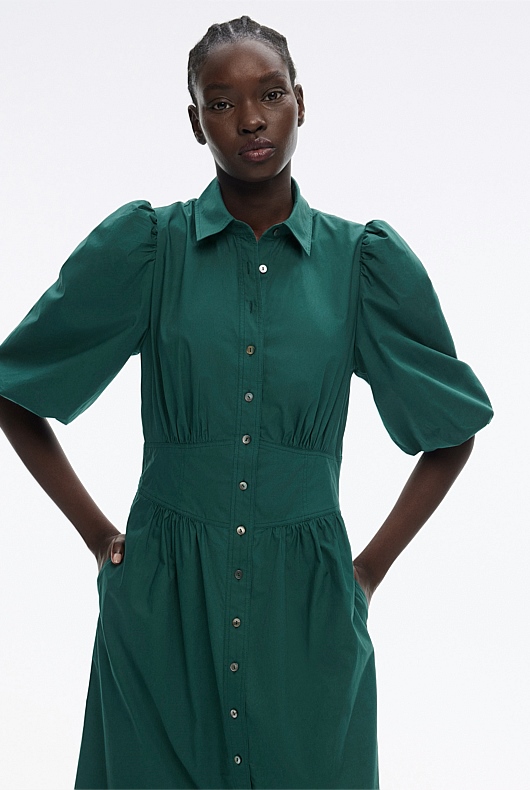 Cotton Bodice Detail Dress - Petrol Green