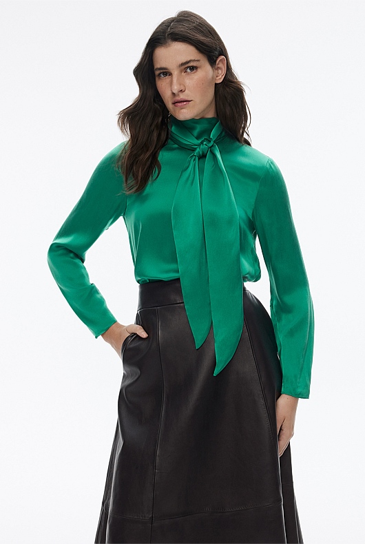 Silk Satin Pussybow Blouse - Aqua Green