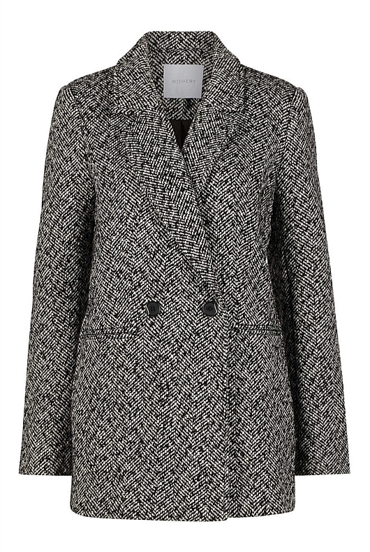 Wool Blend Herringbone Double-Breasted Blazer - Onyx