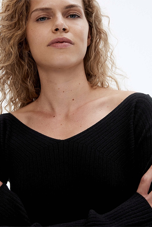 Rib Wide V Neck Knit - Black