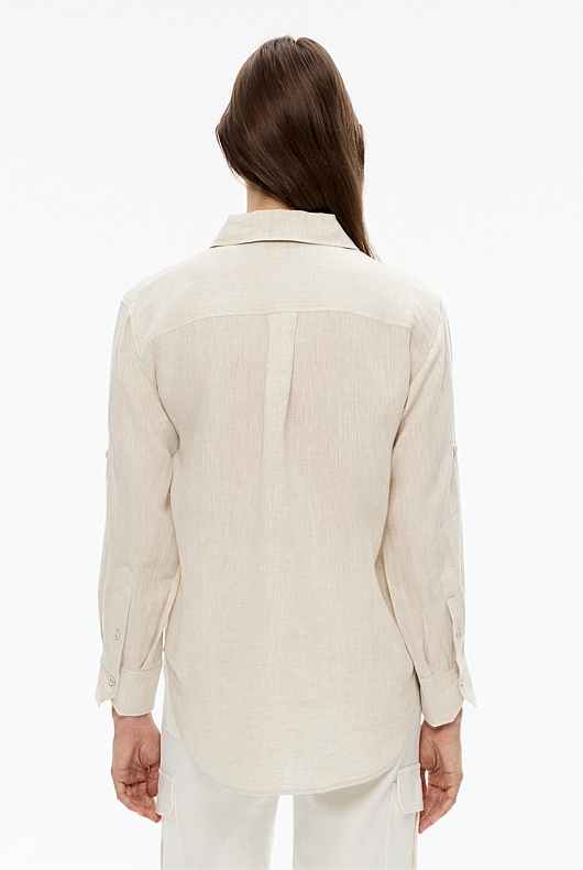 Yarn Dye French Linen Pocket Detail Shirt - Flax