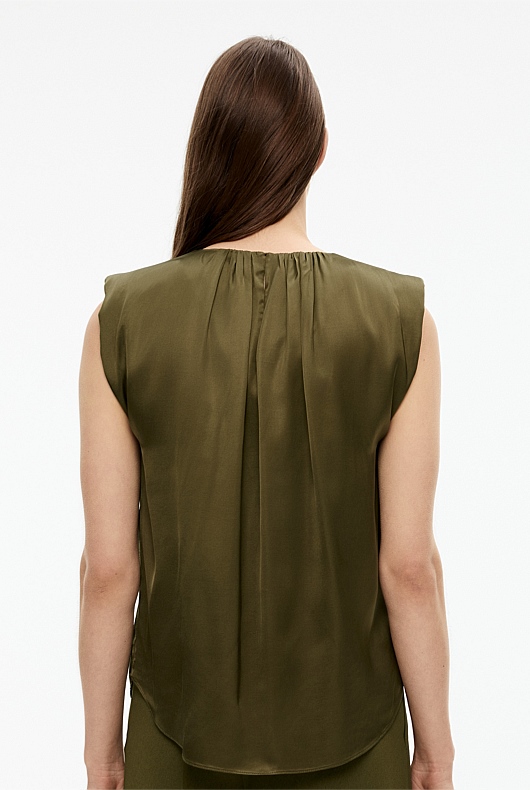 Satin Gathered Tank - Jungle
