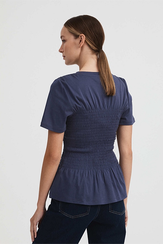 Cotton Shirred Bodice Tee - Ink Blue