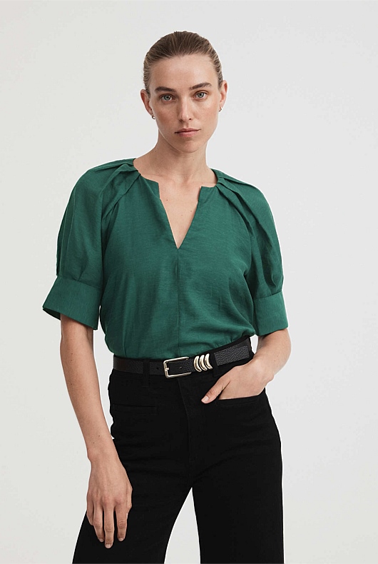 Raglan Pleat Sleeve Blouse - Petrol Green