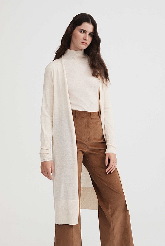 Merino Silk Longline Cardigan - Oatmeal Marle