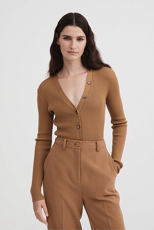 Button Through Rib Knit - Camel
