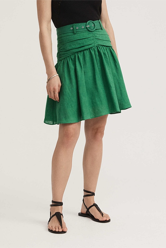French Linen Belted Mini Skirt - Grass Green